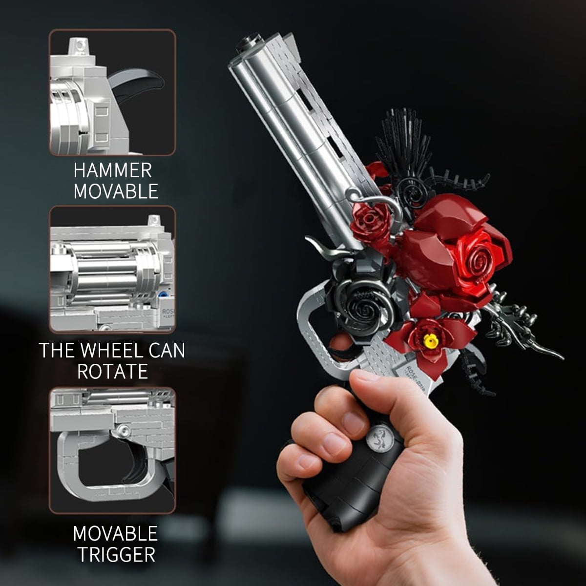 Cabeeskii Gothic Rose Revolver Building Block Set, 631 Pcs Movable Model with Red Roses, 9.2"x7.9" Dark Art Sculpture for Home Decor