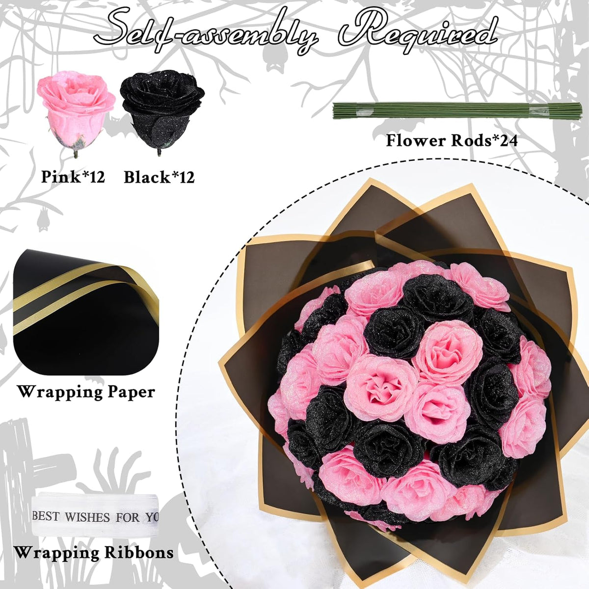 Waipfaru 36pcs Gothic Black Pink Rose Bouquet,DIY Artificial Glitter Flowers Horror Themed Gift for Halloween Anniversary,Goth Gifts for Her Him