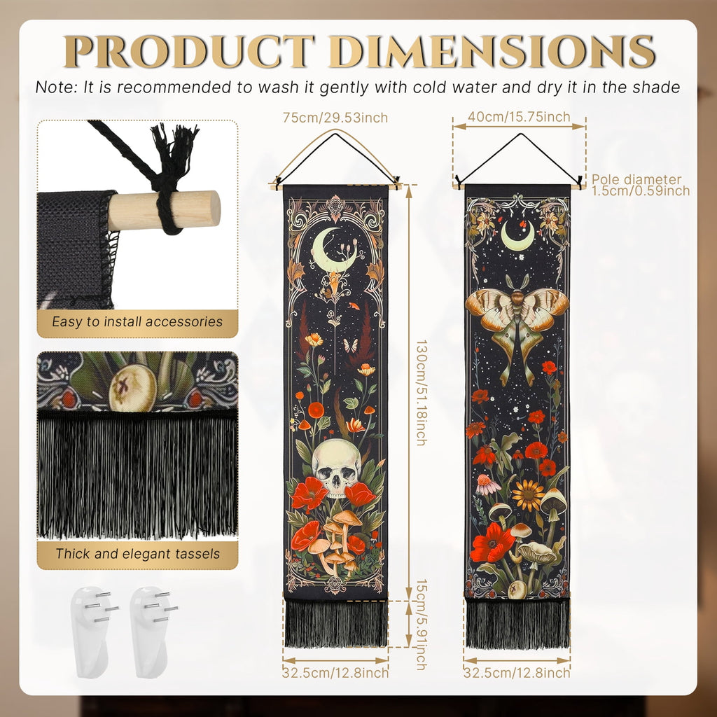 Gothic Wall Decor Set, 2-Pack Butterfly Floral Tapestry for Bedroom with 6 Wood Diamond Wall Hangings, Dark Cottagecore Room Art