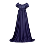 QATAINLAV Womens Satin Regency Dress Ruffle Puff Sleeve Empire Waist Party Victorian Gown Vintage Court Costume Dresses, Dark Blue, XXXL