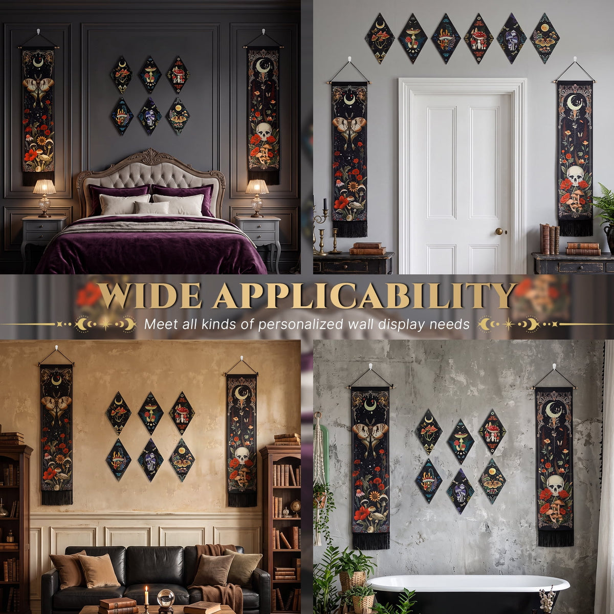 Gothic Wall Decor Set, 2-Pack Butterfly Floral Tapestry for Bedroom with 6 Wood Diamond Wall Hangings, Dark Cottagecore Room Art