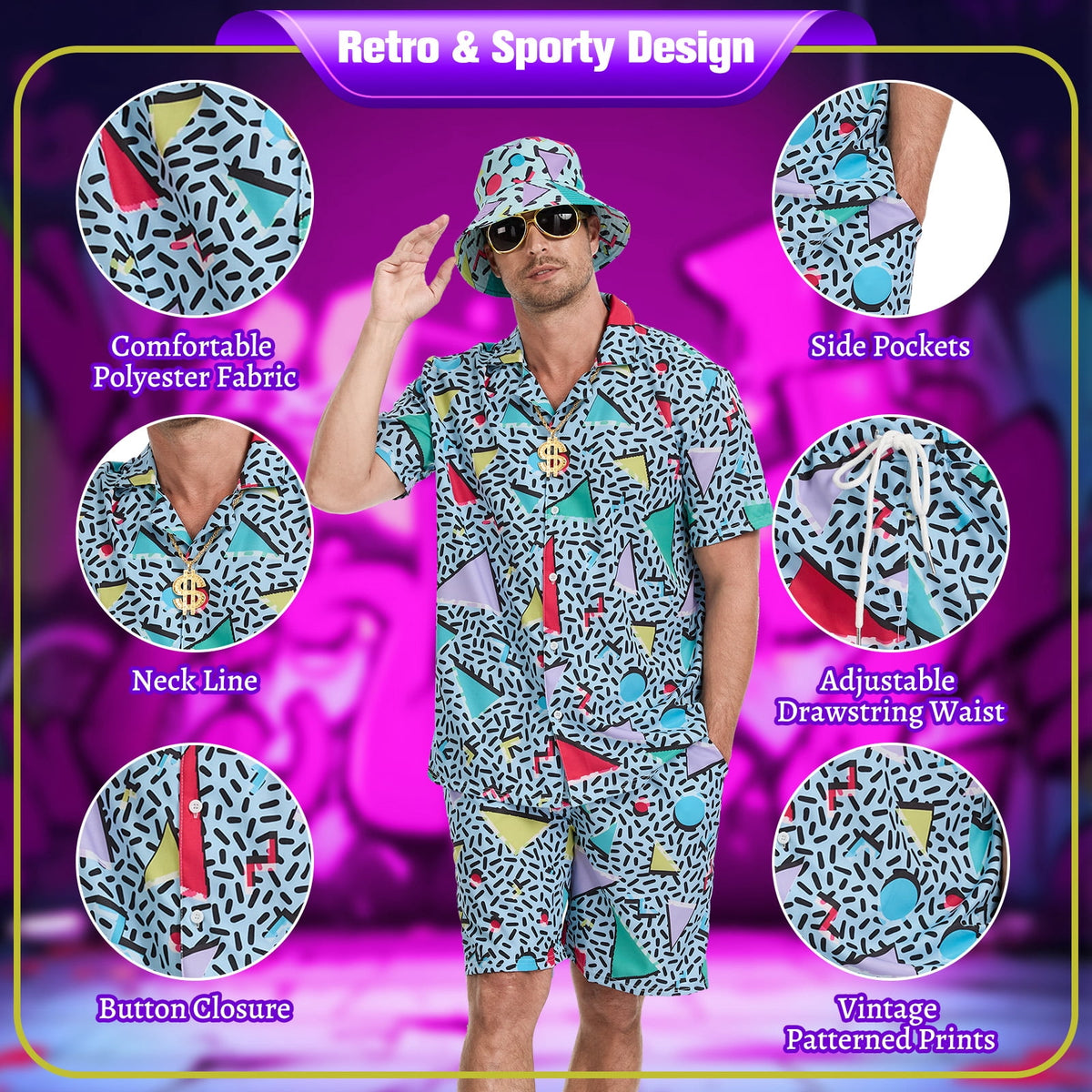 MYATED 80s 90s Outfit for Men Tracksuit Costume,,6 Pieces Hip-Hop Costume Vintage Beach Outfit for Halloween Disco Retro Theme Party (Green,L)