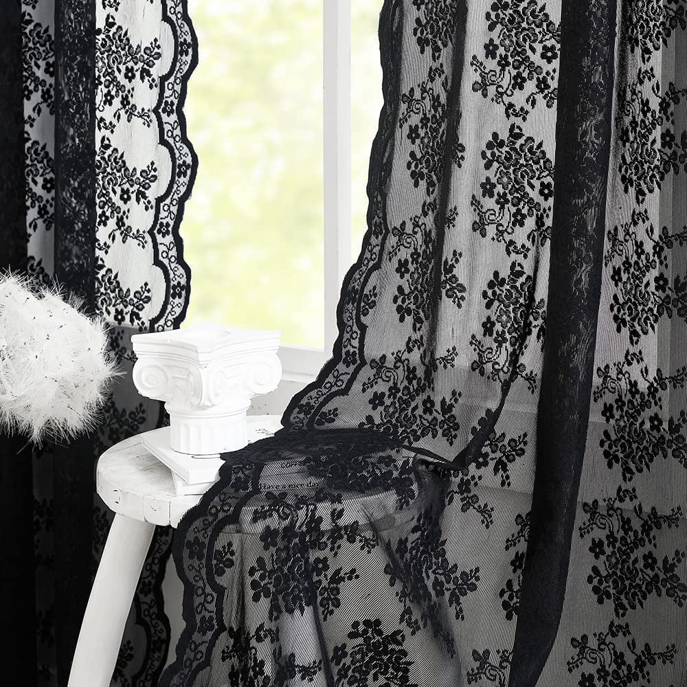 Vintage Lace Curtains 72 Inch Length Goth Black Floral Sheer Sidelight For Front Door Coffin/dark/halloween/spooky/skull/moody/witch/creepy Room Decor 52" W X 72" L