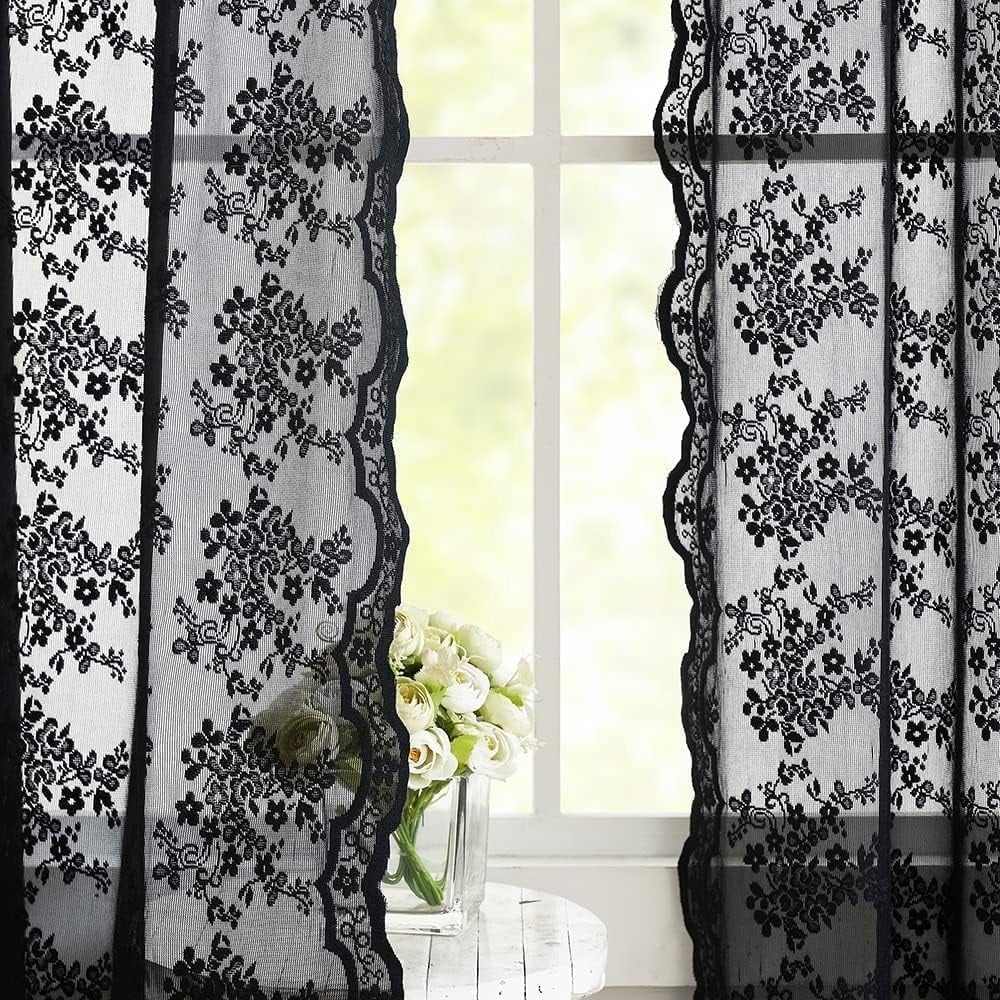 Vintage Lace Curtains 45 Inch Length-victorian Dark Floral Pattern Black Sheer Curtain Panels For Kitchen Bedroom Light Filtering Gothic Witchy Short Drapes 2 52w X 45l