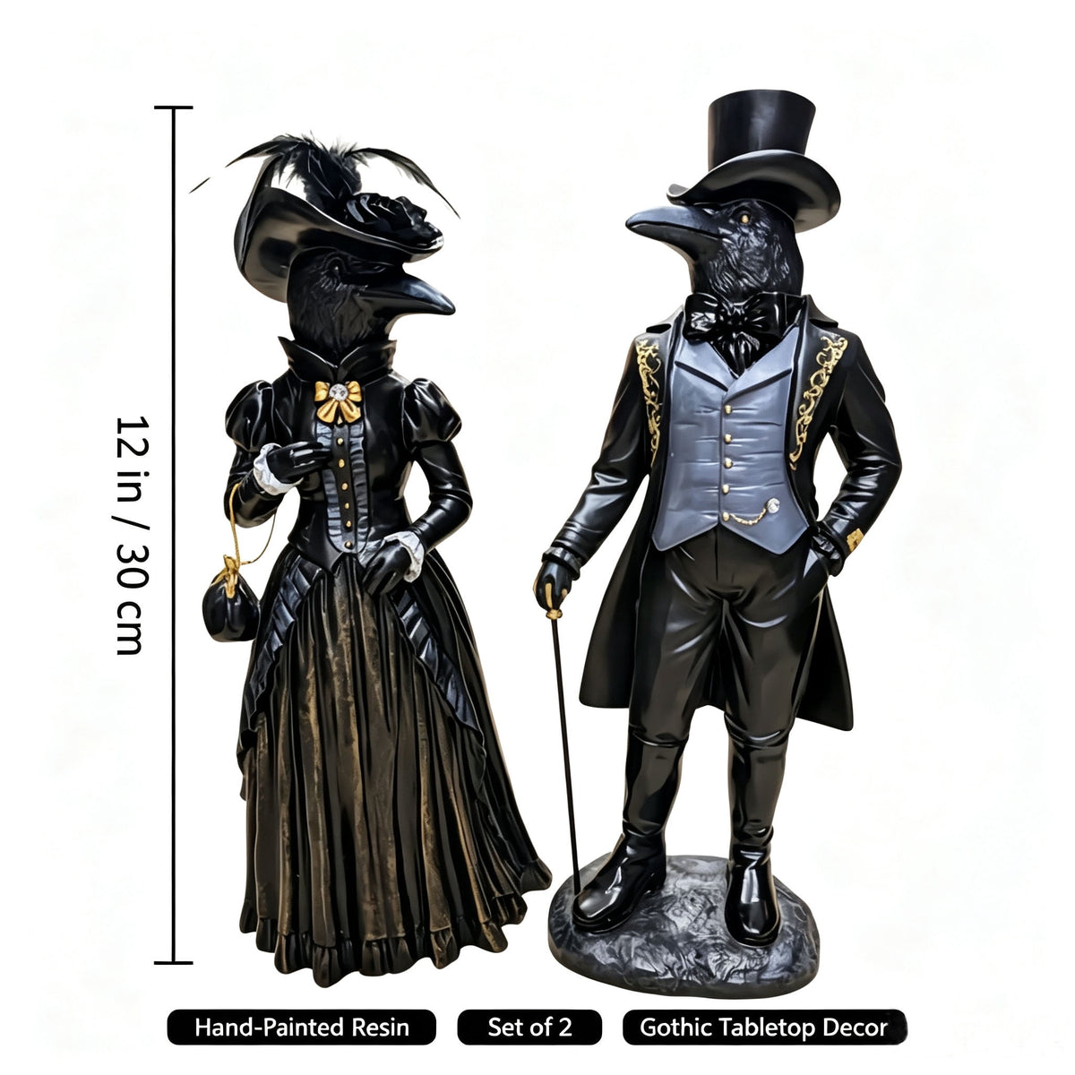 Gothic Raven Figurine Set, Victorian Raven Couple Statue, Elegant Gentleman and Lady Resin Decor, Dark Academia Tabletop Ornament for Halloween Mantel Shelf Vintage Home Display