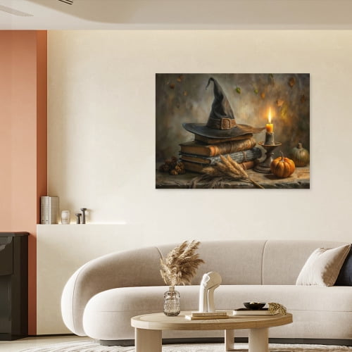 Vintage Halloween witch hat Canvas Wall Art Painting, Gothic Print Pictures for Home Wall Decor Retro Horror Creepy Dark Posters for Living Room Bedroom Bar Home Halloween Party Decor Framed