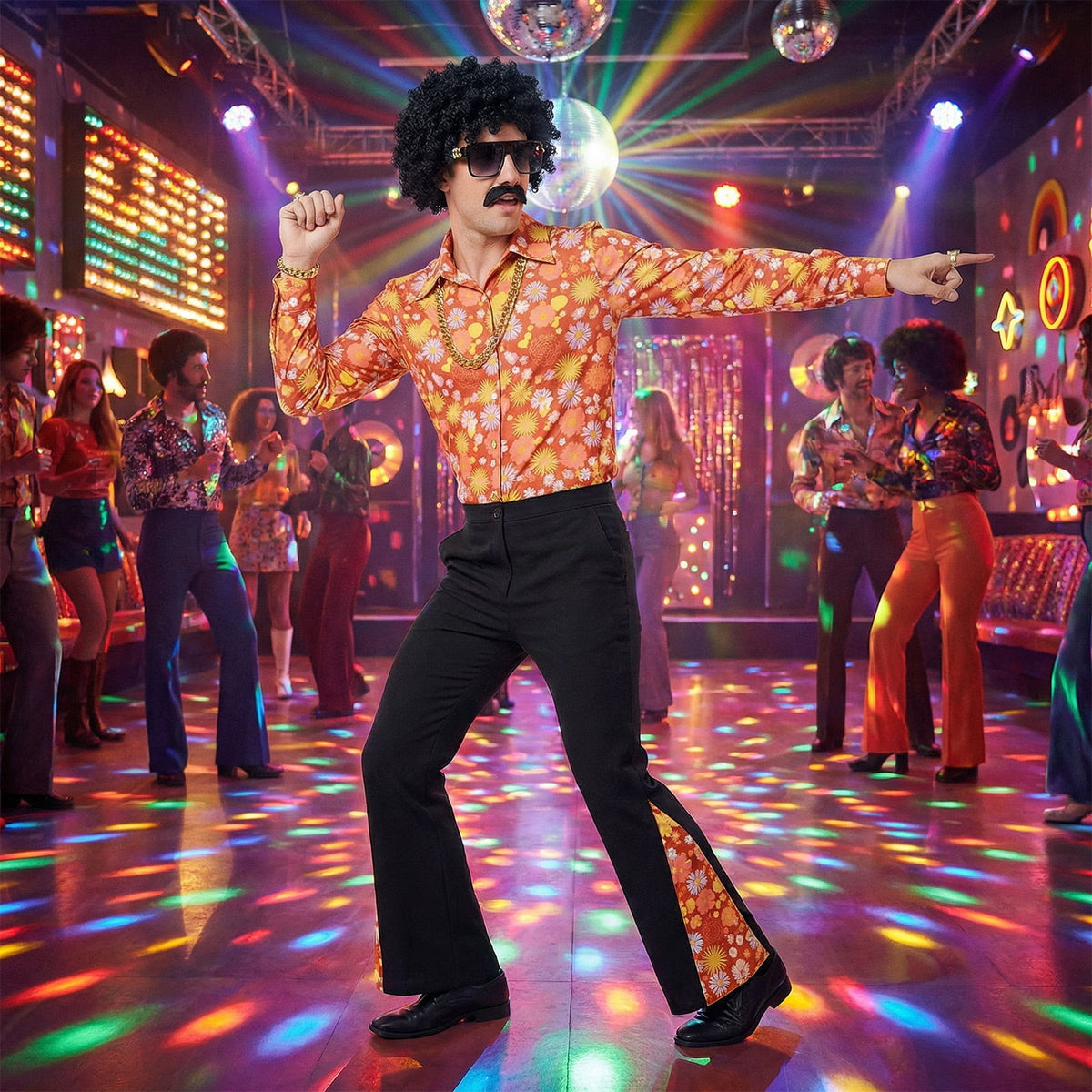 Alaiyaky 70s Disco Outfit Men Disco Costume Set Men with Shirt Flared Pants Accessories 1970s Fancy Dress for Adults Hippie Costume for Halloween Carnival Party