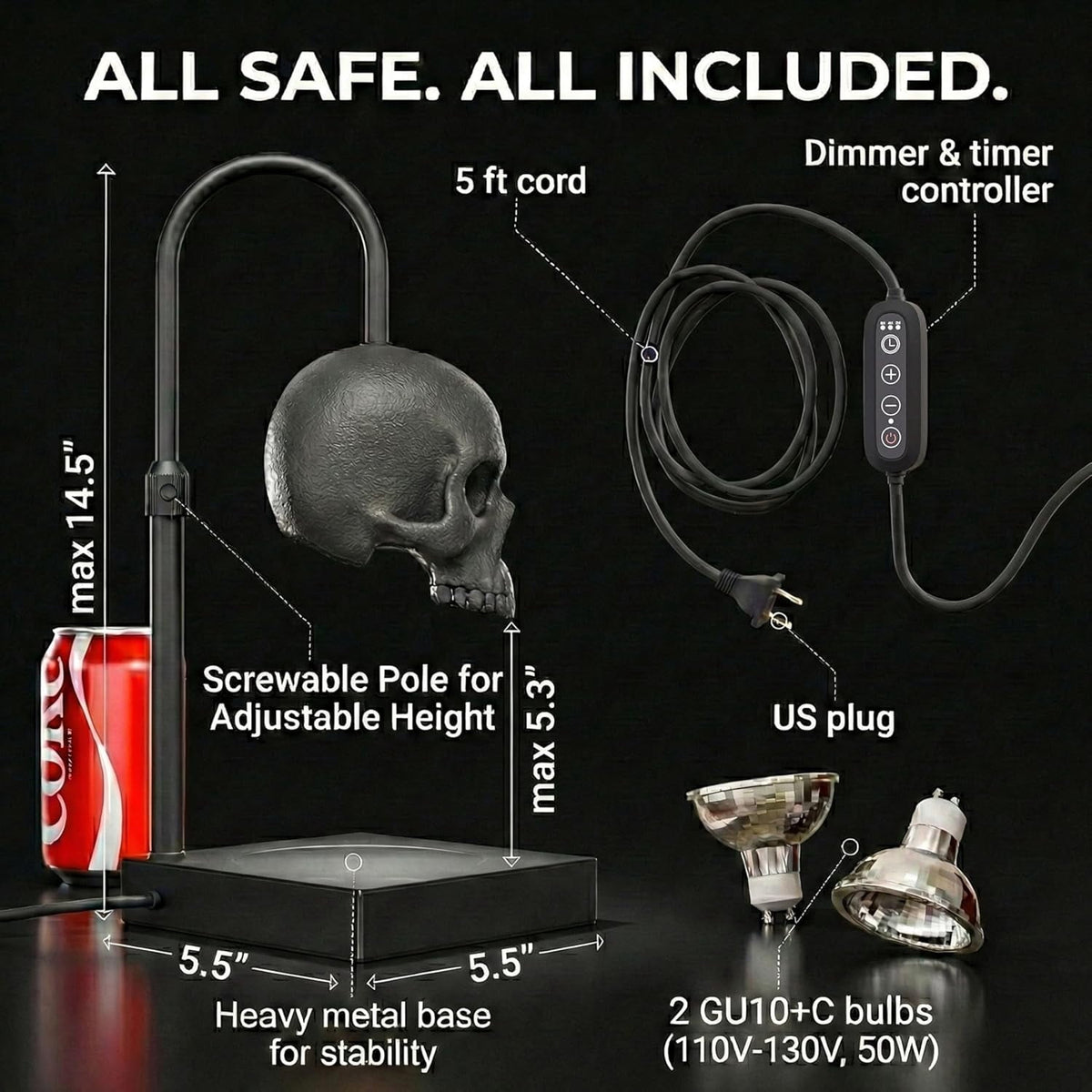 Skull Candle Warmer Lamp with Timer and Dimmer *Candles NOT Included – Black Gothic Candle Lamp Warmer w/Adjustable Height, 2 Light Bulbs – Skull Decor, Goth Gothic Decor Spooky Home & Witchy Gifts