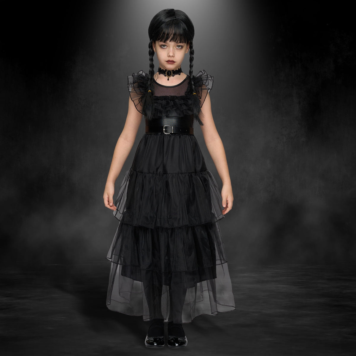 Joyfy Halloween Costume Set for Girls, Dark Vintage Prom Dress for Kids, Black Gothic Dress Costume for Halloween Cosplay Parties 5-12 Years
