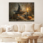 Vintage Halloween witch hat Canvas Wall Art Painting, Gothic Print Pictures for Home Wall Decor Retro Horror Creepy Dark Posters for Living Room Bedroom Bar Home Halloween Party Decor Framed
