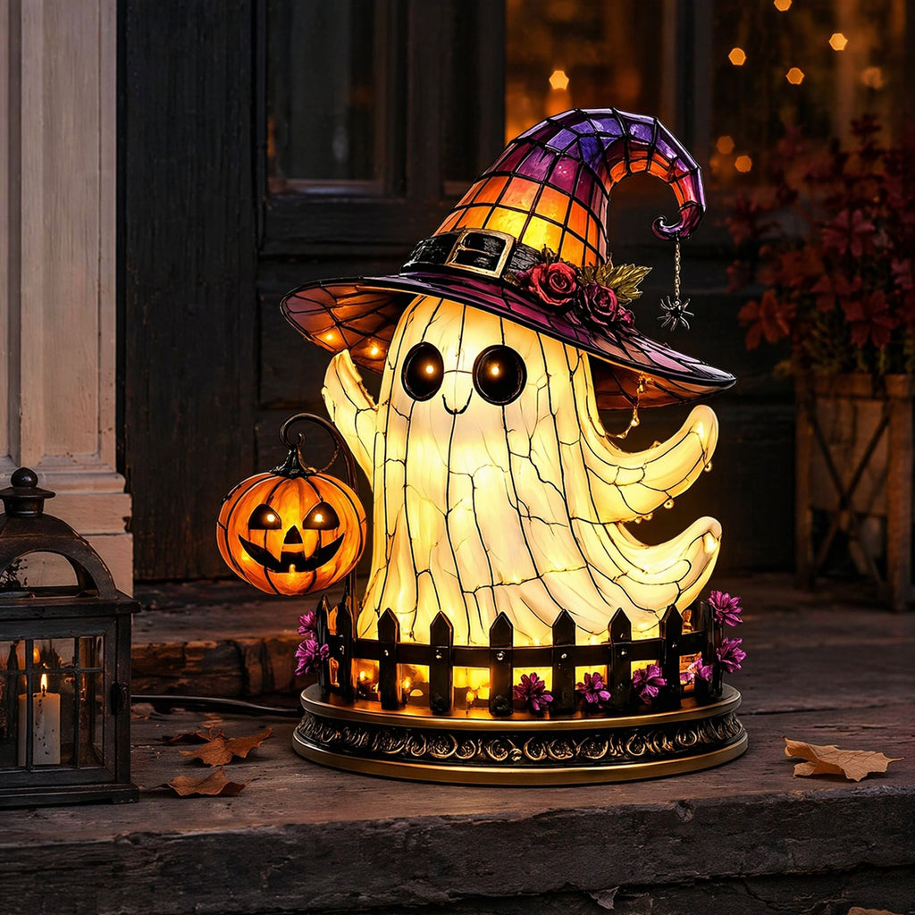 Halloween Gothic Witch Hat Night Light, Ghost Pumpkin Figurine Stained Glass Style Decorative Lamp