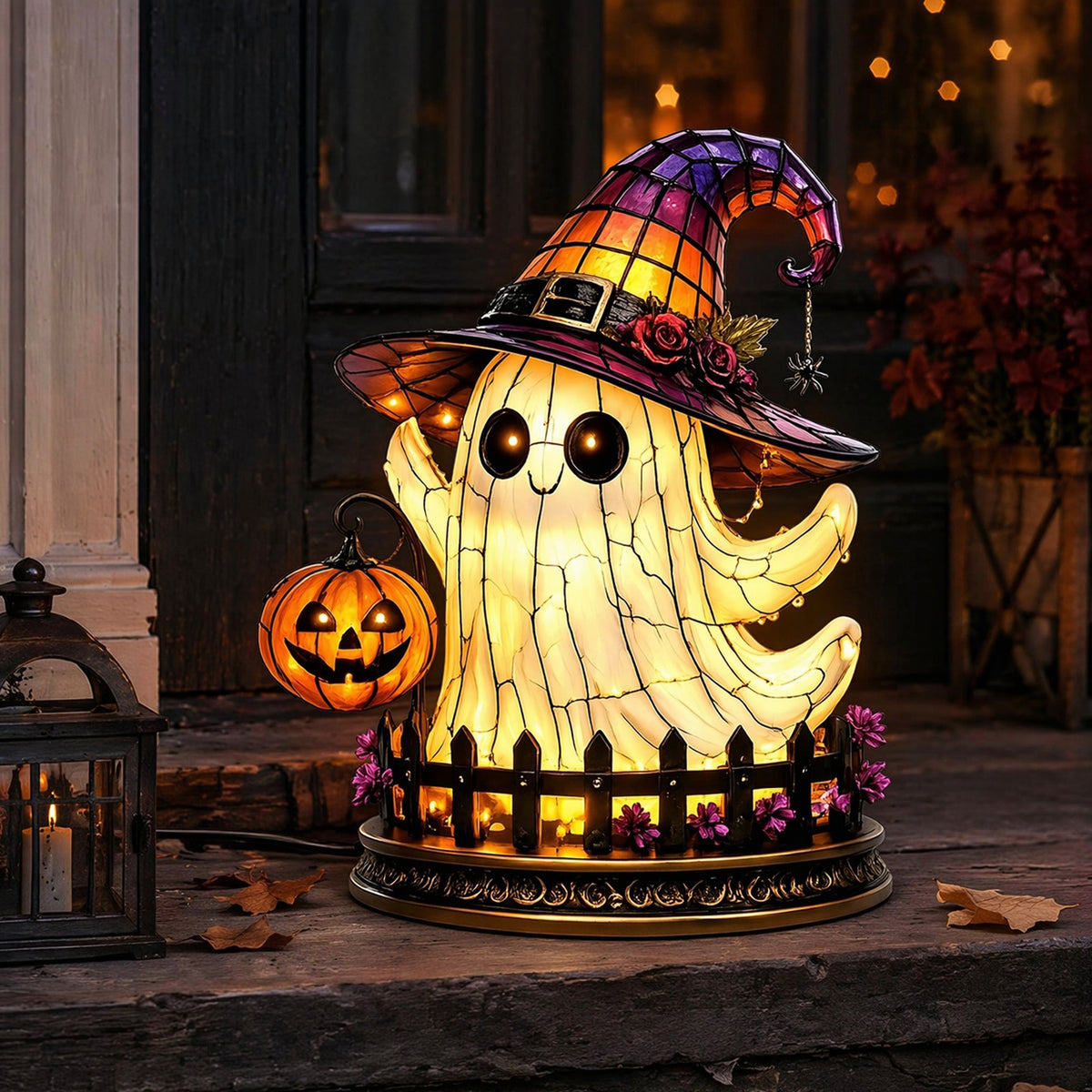 Halloween Gothic Witch Hat Night Light, Ghost Pumpkin Figurine Stained Glass Style Decorative Lamp