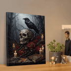 Gothic Halloween Canvas Wall Art with Crow Skull and Rose Picture Print, Spooky Atmosphere Dark Academia Vintage Painting for Living Room Bedroom Home Office Decor