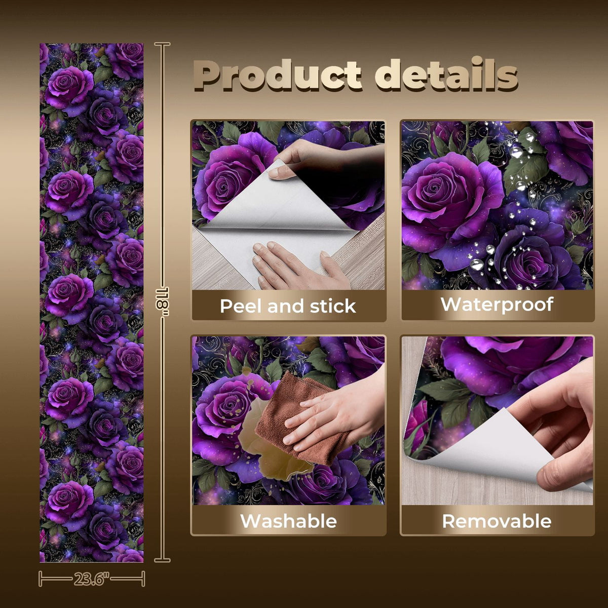 Peel and Stick Wallpaper Vintage Gothic Dark Purple Roses Damask 23.6in x 9.8ft Self Adhesive Contact Paper Removable
