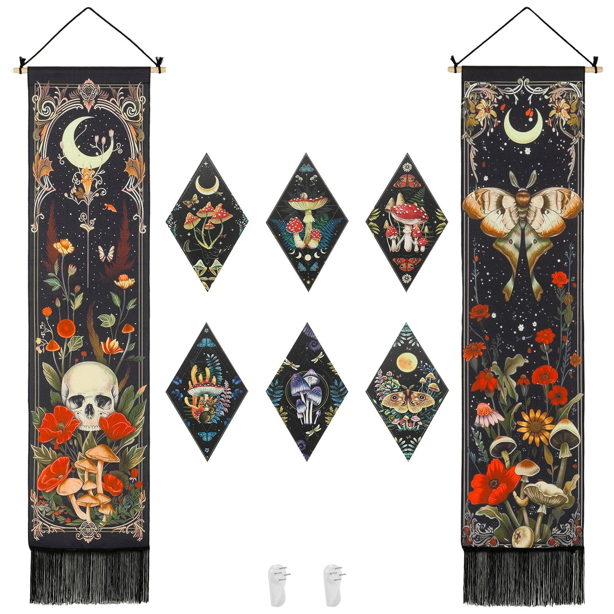 Gothic Wall Decor Set, 2-Pack Butterfly Floral Tapestry for Bedroom with 6 Wood Diamond Wall Hangings, Dark Cottagecore Room Art