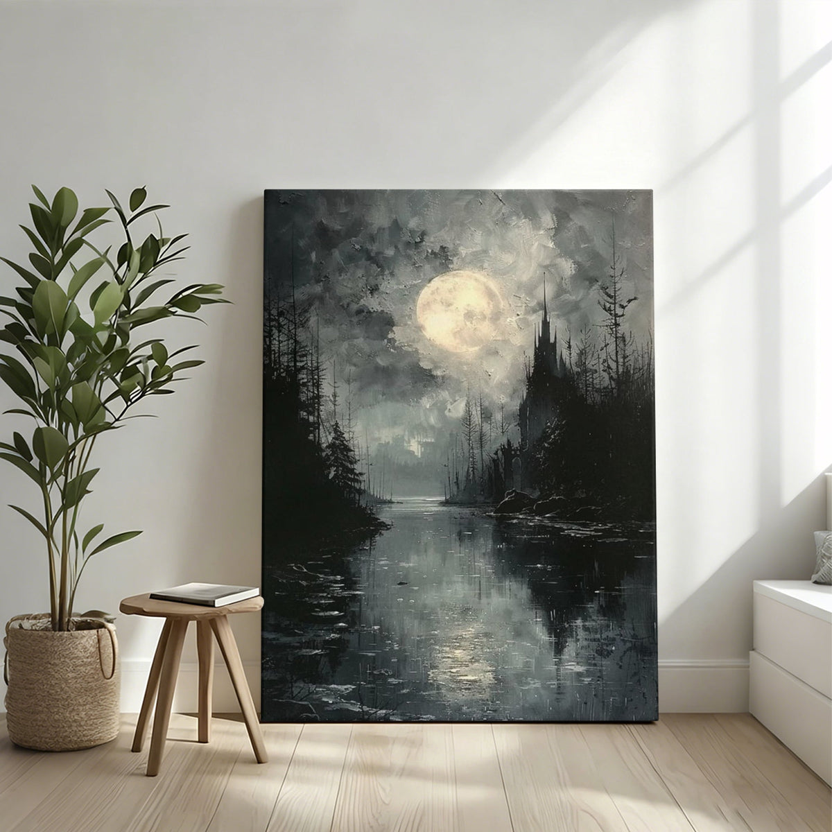Gothic Full Moon Over Castle River Canvas Wall Art - Dark Fantasy Spooky Forest Oil Painting Print - Matte Finish Gallery Wrapped Haunted Landscape Decor Ready to Hang 16*24