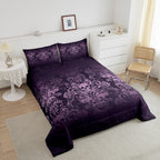 Adults Salmon Violet Damask Comforter Set Antique Victorian Baroque Bedding Set Twin,Gothic Vintage Floral Quilt Exotic Sugar Skull Duvet Insert,Gothic Bone Skeleton Bohemian Decor,Dark Purple