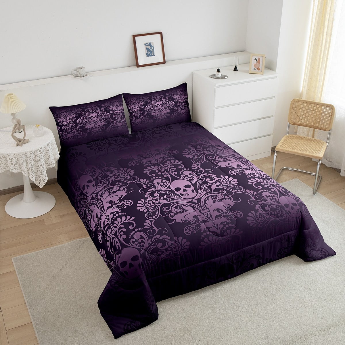 Adults Salmon Violet Damask Comforter Set Antique Victorian Baroque Bedding Set Twin,Gothic Vintage Floral Quilt Exotic Sugar Skull Duvet Insert,Gothic Bone Skeleton Bohemian Decor,Dark Purple