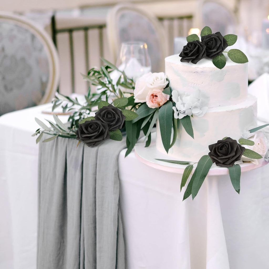 Mocoosy 50Pcs Black Roses Artificial Flowers, Fake Roses for Decorations Real Touch Foam Rose Bulk with Stem Gothic Wedding Bouquet DIY Floral Arrangements Bridal Shower Valentine's Party Table Decor