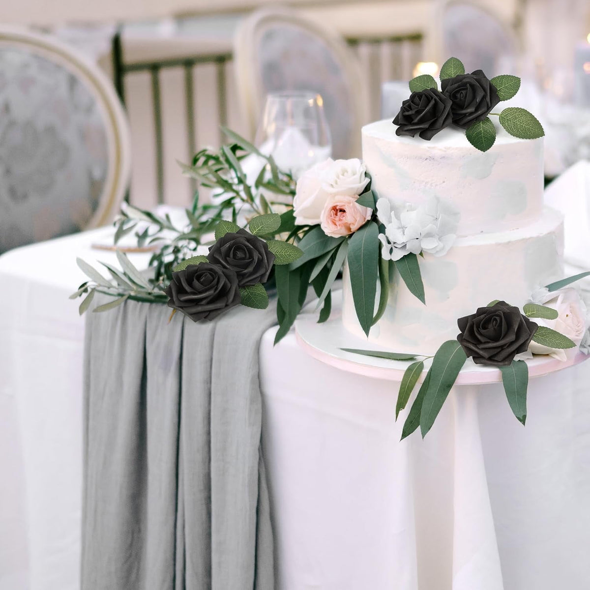 Mocoosy 50Pcs Black Roses Artificial Flowers, Fake Roses for Decorations Real Touch Foam Rose Bulk with Stem Gothic Wedding Bouquet DIY Floral Arrangements Bridal Shower Valentine's Party Table Decor