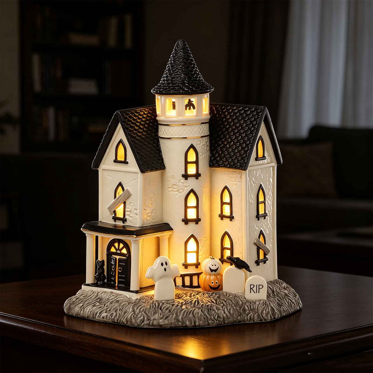 Vintage Halloween Light-Up House Figurine, 8In Resin House Halloween Decor Indoor Pumpkins Ghost Fall Decor Spooky Table Decoration