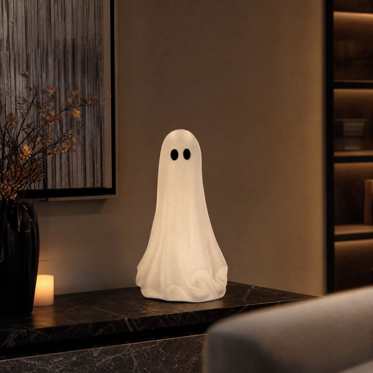 Large Ghost with Bow Tabletop Decoration, Halloween Ghost Figurine, Spooky 3D Print Statue For Mantel Shelf Entryway Table Fall Holiday Decoration, Black and White, 20"