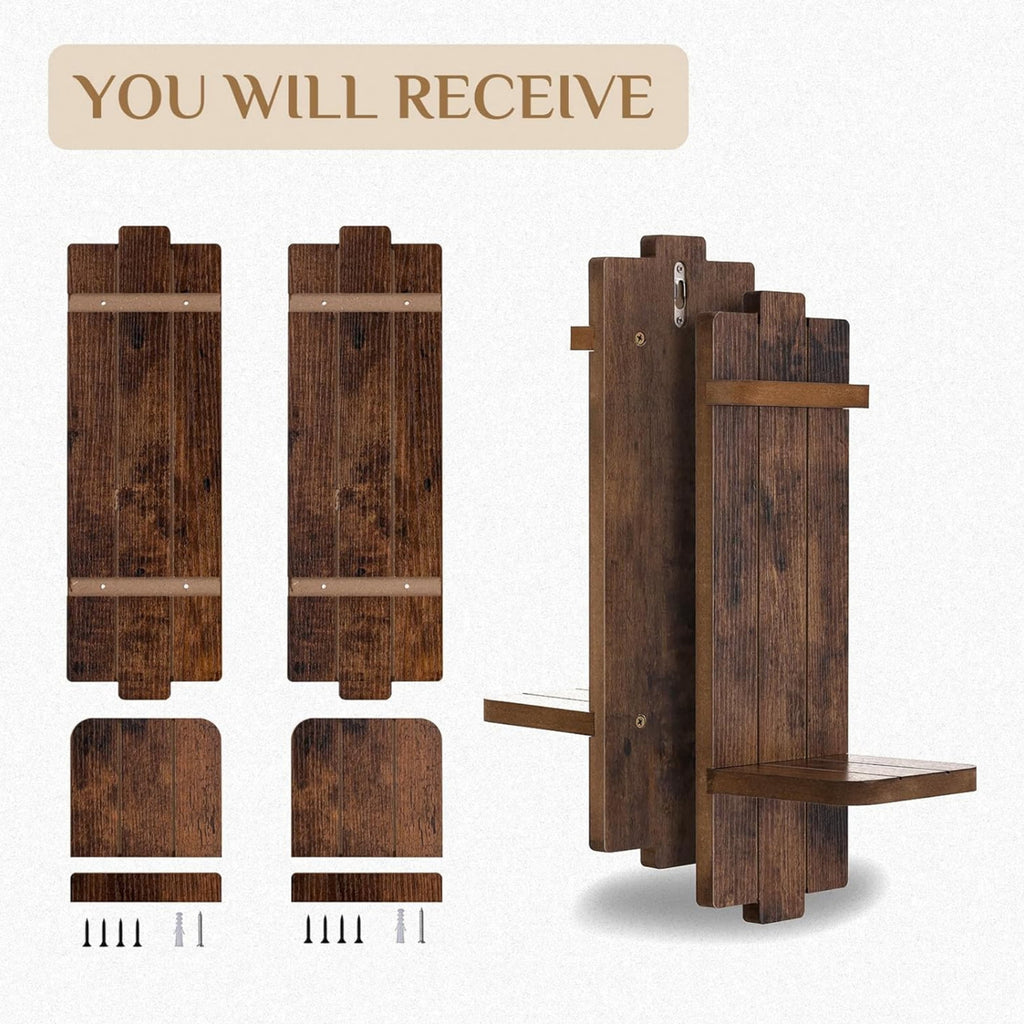 Sziqiqi Set of 2 Brown Wooden Wall Candle Sconces - Gothic Distressed Candle Holders Shelf for Pillar Candles & Tealights, French Country Wall Decor (15.75x5.1in)