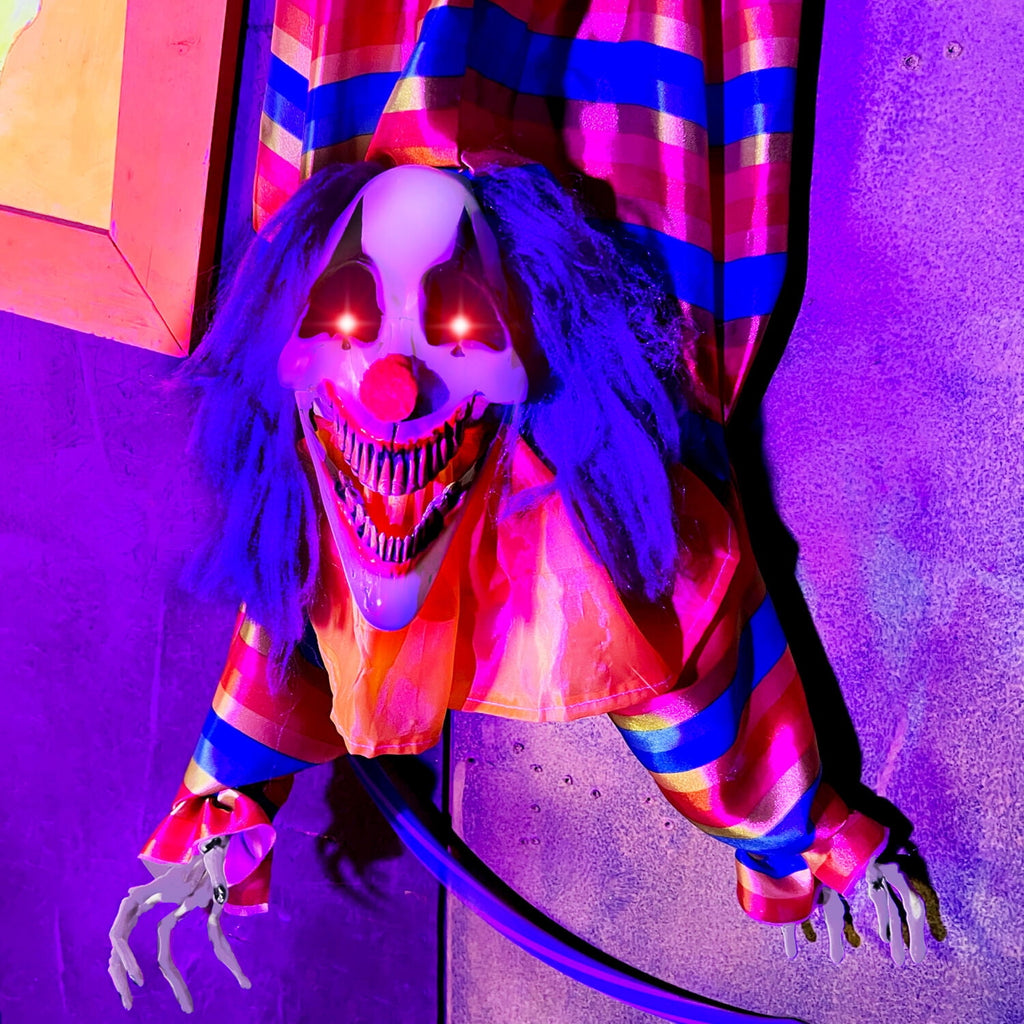 Haunted Hill Farm 47 in Animatronic Hanging Upside Down Clown with Lights and Sound, Halloween Decoration, HHCLOWN-39HLSA