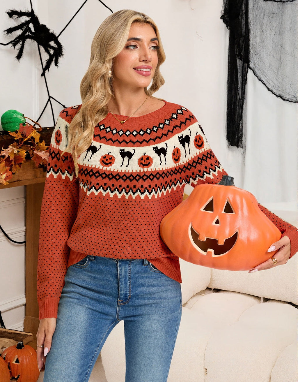 Cogild Sweaters for Women Halloween Sweater Fair Isle Knit Black Cat Pumpkin Crew Neck Pullover Fall Top