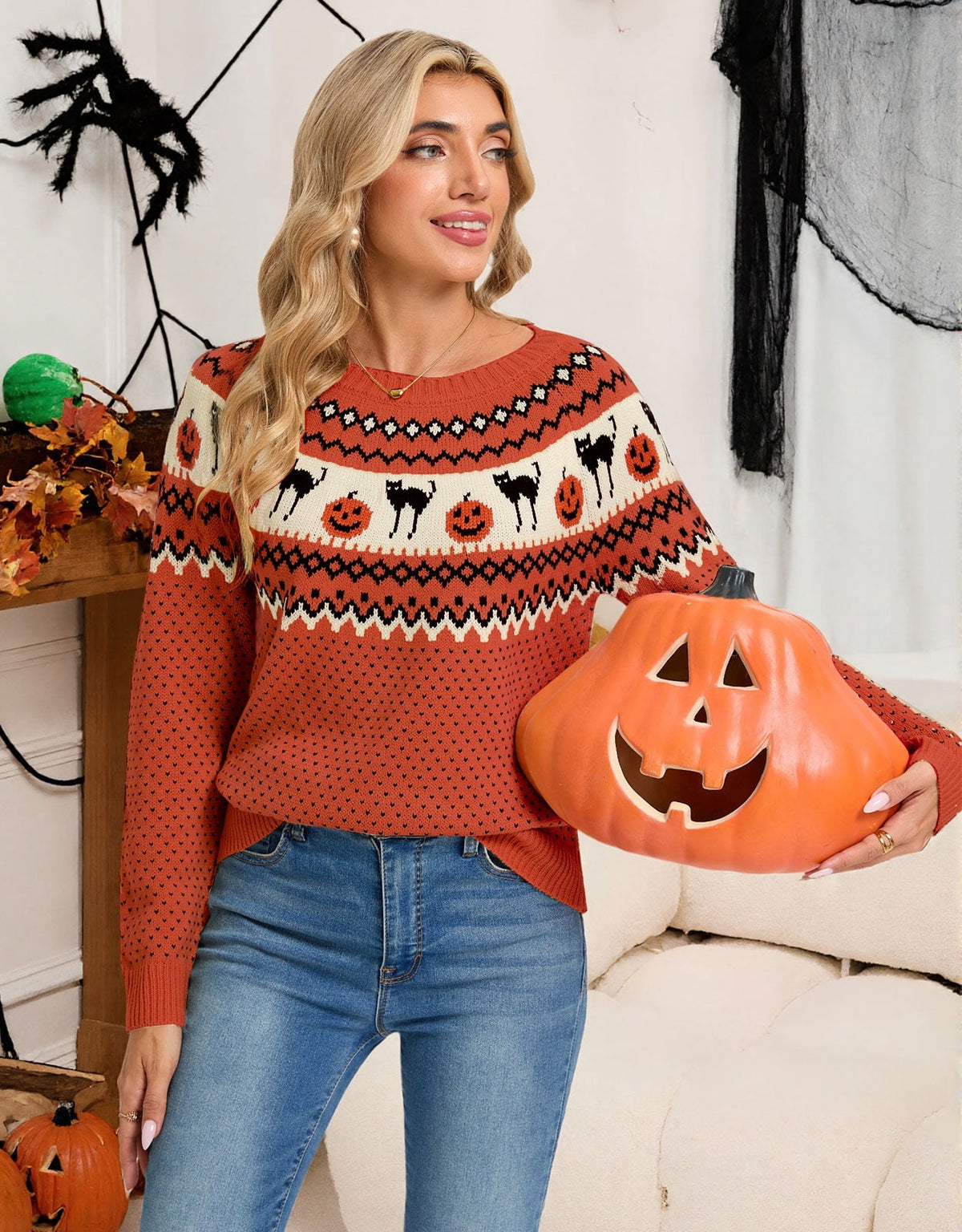 Cogild Sweaters for Women Halloween Sweater Fair Isle Knit Black Cat Pumpkin Crew Neck Pullover Fall Top