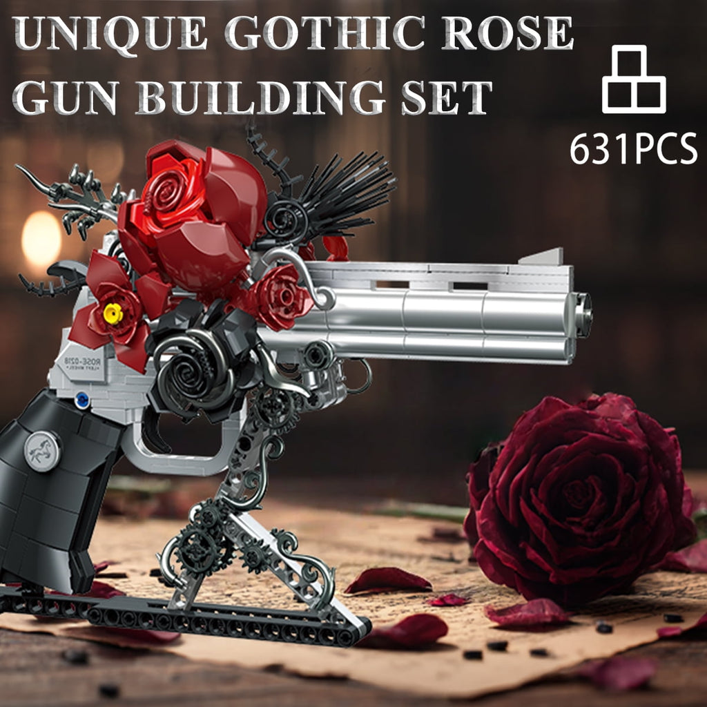 Cabeeskii Gothic Rose Revolver Building Block Set, 631 Pcs Movable Model with Red Roses, 9.2"x7.9" Dark Art Sculpture for Home Decor