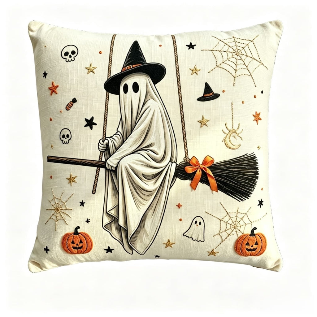 Halloween Vintage Hanging Ghost Throw Pillow, Ghost in Witch Hat Riding Broom Decorative Cushion, Farmhouse Style Pillow, for Sofa, Couch, Halloween Party Decoration, 20x20inch
