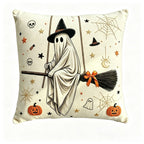 Halloween Vintage Hanging Ghost Throw Pillow, Ghost in Witch Hat Riding Broom Decorative Cushion, Farmhouse Style Pillow, for Sofa, Couch, Halloween Party Decoration, 20x20inch