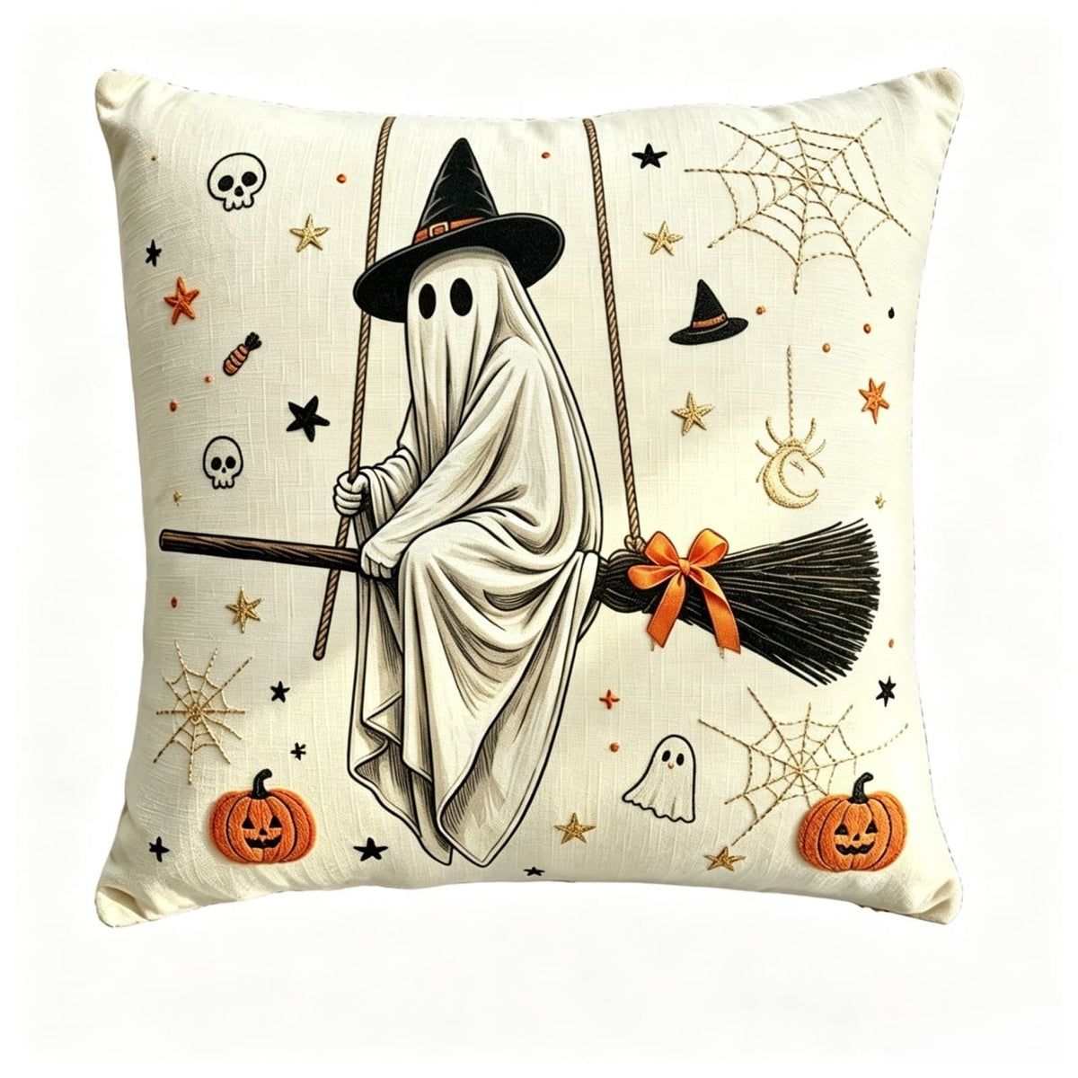 Halloween Vintage Hanging Ghost Throw Pillow, Ghost in Witch Hat Riding Broom Decorative Cushion, Farmhouse Style Pillow, for Sofa, Couch, Halloween Party Decoration, 20x20inch