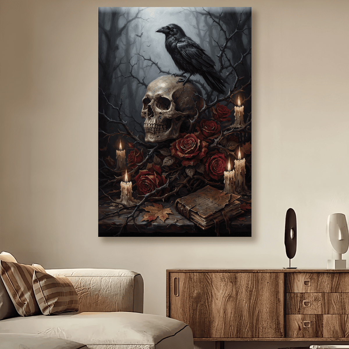 Gothic Halloween Canvas Wall Art with Crow Skull and Rose Picture Print, Spooky Atmosphere Dark Academia Vintage Painting for Living Room Bedroom Home Office Decor