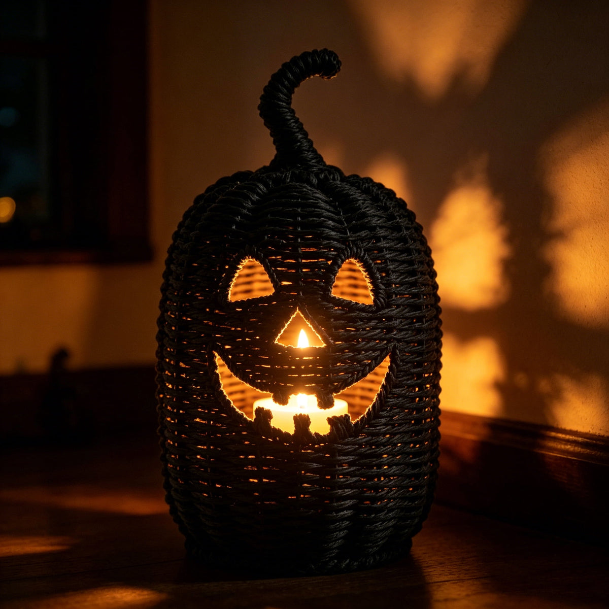 XHKUYI Halloween Hand-Woven Pumpkin Decorations 11.8 inches, Black Seagrass Jack-O-Lantern 11.8 inches, Pumpkin Candle Holder for Halloween Event Party Table Decoration