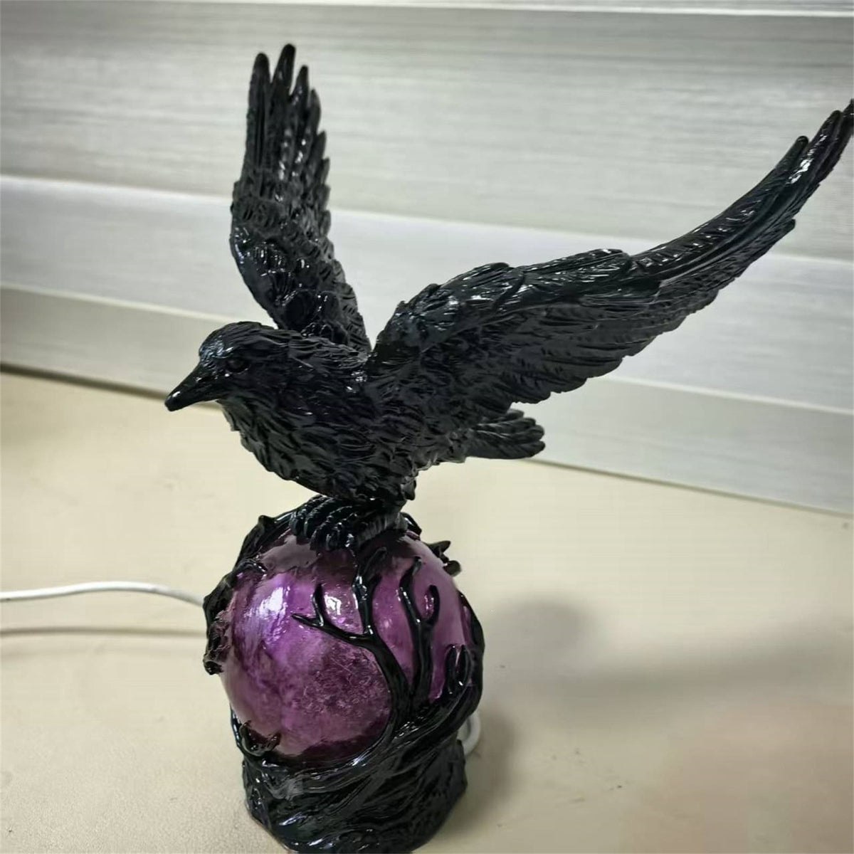 Hallowmas Gothic LED Table Lamp Mysterious Crow on Glowing Sculpture, Mysterious Dark Crow on Glowing Orb Light Sculpture, Spooky Ravens Crow Table Lamps