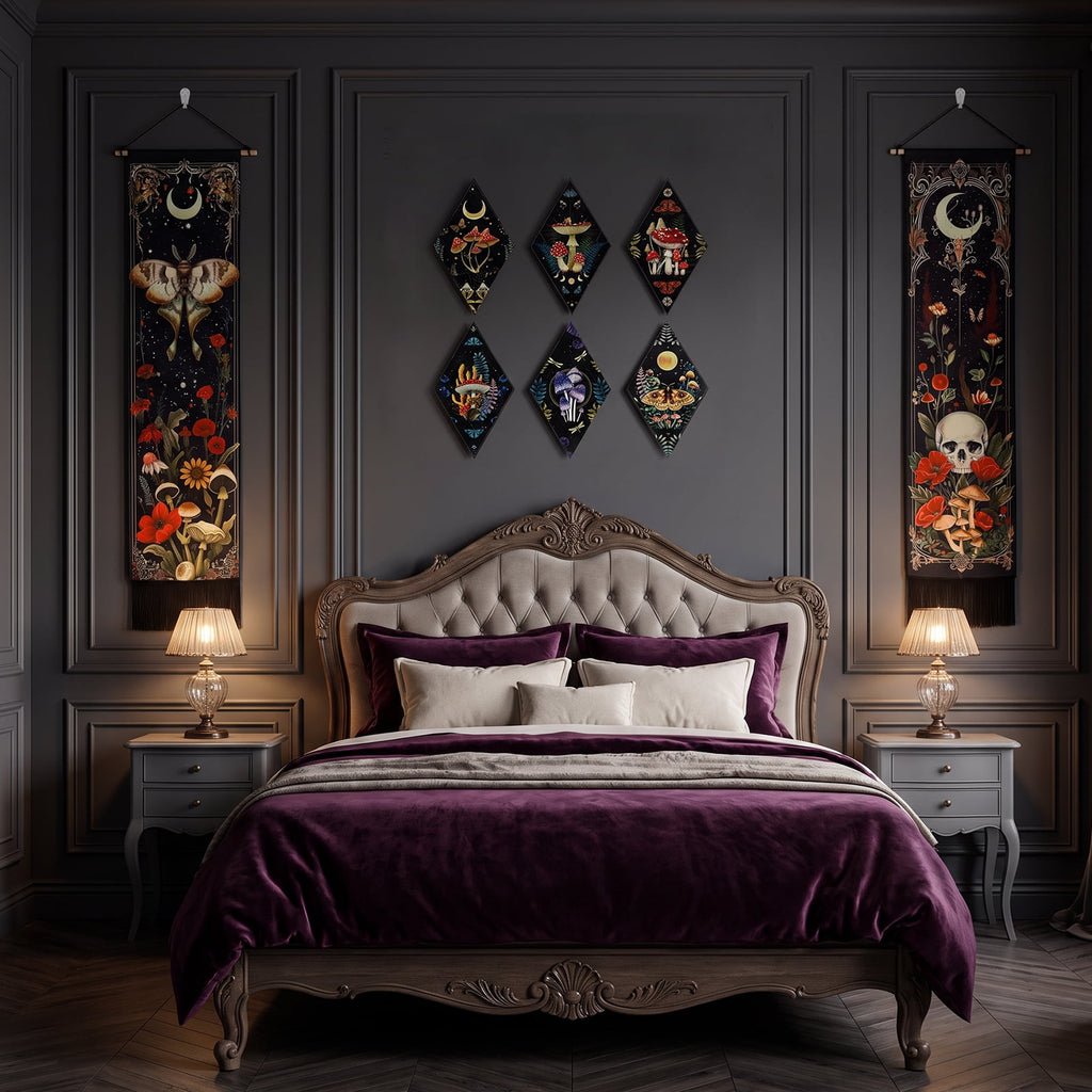 Gothic Wall Decor Set, 2-Pack Butterfly Floral Tapestry for Bedroom with 6 Wood Diamond Wall Hangings, Dark Cottagecore Room Art