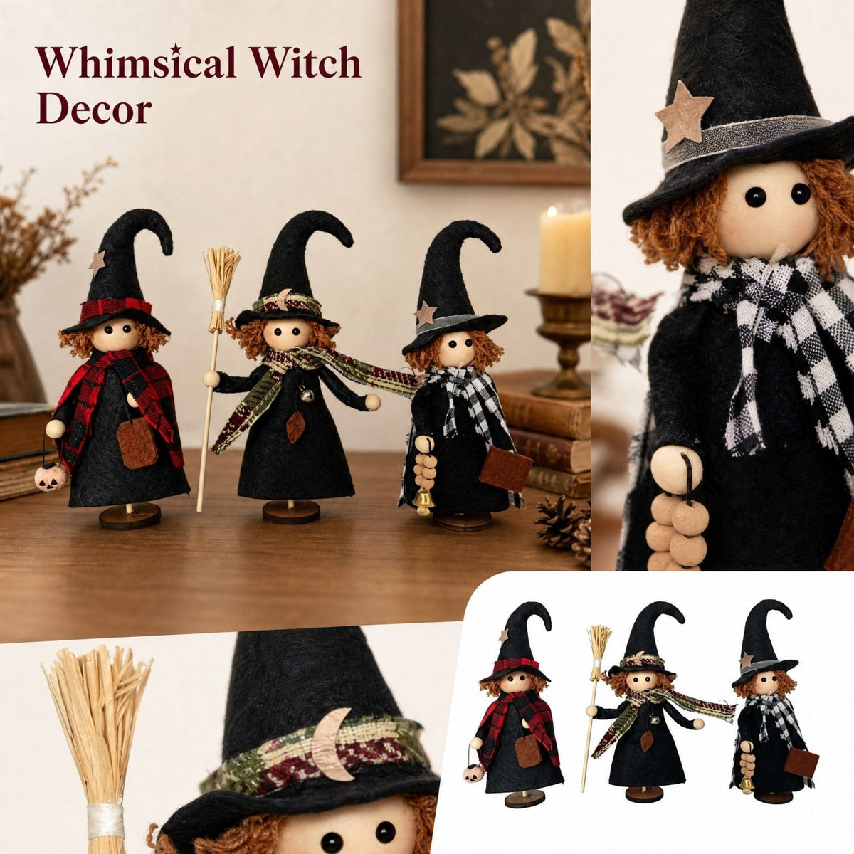 Vintage Primitive Witch Trio – Rustic Farmhouse Halloween Tabletop Decor | Halloween Witch Figurines Set,Primitive Witch with Hats,Farmhouse Witch Figurines / Plaid Dresses Broom for Mantel Decor