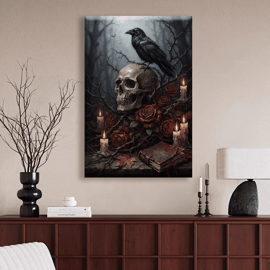 Gothic Halloween Canvas Wall Art with Crow Skull and Rose Picture Print, Spooky Atmosphere Dark Academia Vintage Painting for Living Room Bedroom Home Office Decor