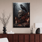 Gothic Halloween Canvas Wall Art with Crow Skull and Rose Picture Print, Spooky Atmosphere Dark Academia Vintage Painting for Living Room Bedroom Home Office Decor