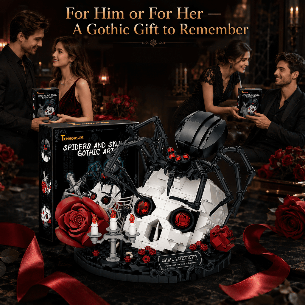 Gothic Skull Black Spider Building Block Sets with Rose, 858Pcs Dark Horror Art Decor Collectible, Halloween Gift for Teens Adults 14+