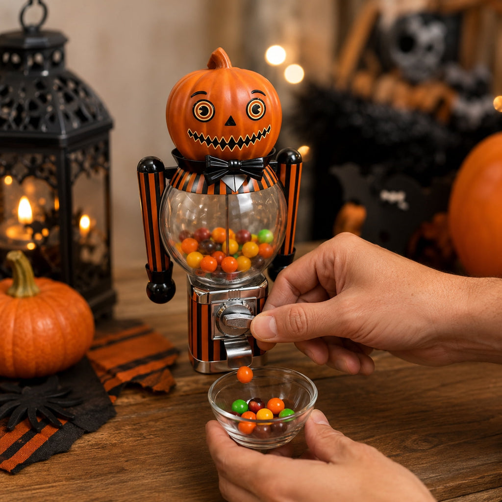 Vintage Striped Pumpkin Candy Dispenser, Jack-o'-Lantern Mini Gumball Machine with Clear Container, Halloween Decorations, Desktop Ornament, Halloween Table Centerpiece & Party Favor Gift