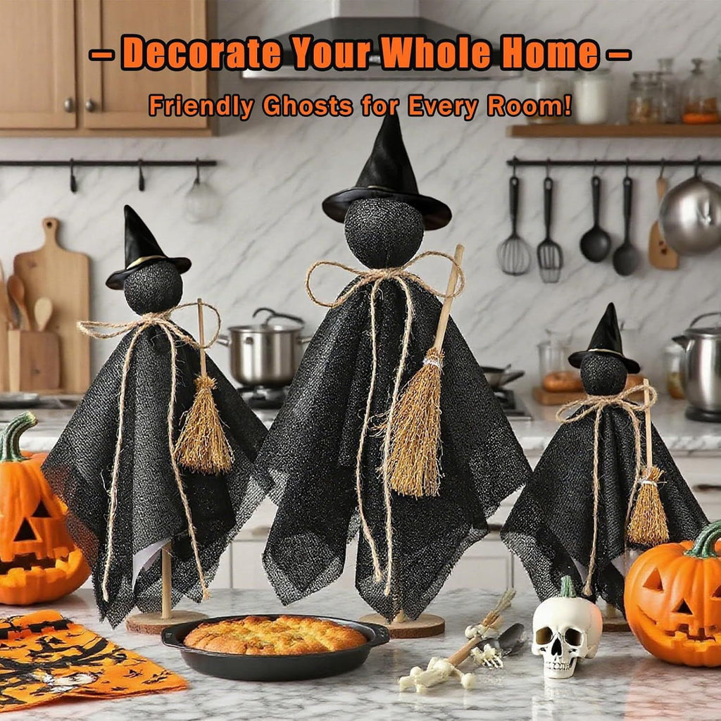 Halloween Decorations Indoor, 3 Set Primitive Halloween Ghosts with Hat, Wooden Stand Ghost Decor for Table Centerpieces, Mantels, Shelves, Vintage Spooky & Festive Party Decor
