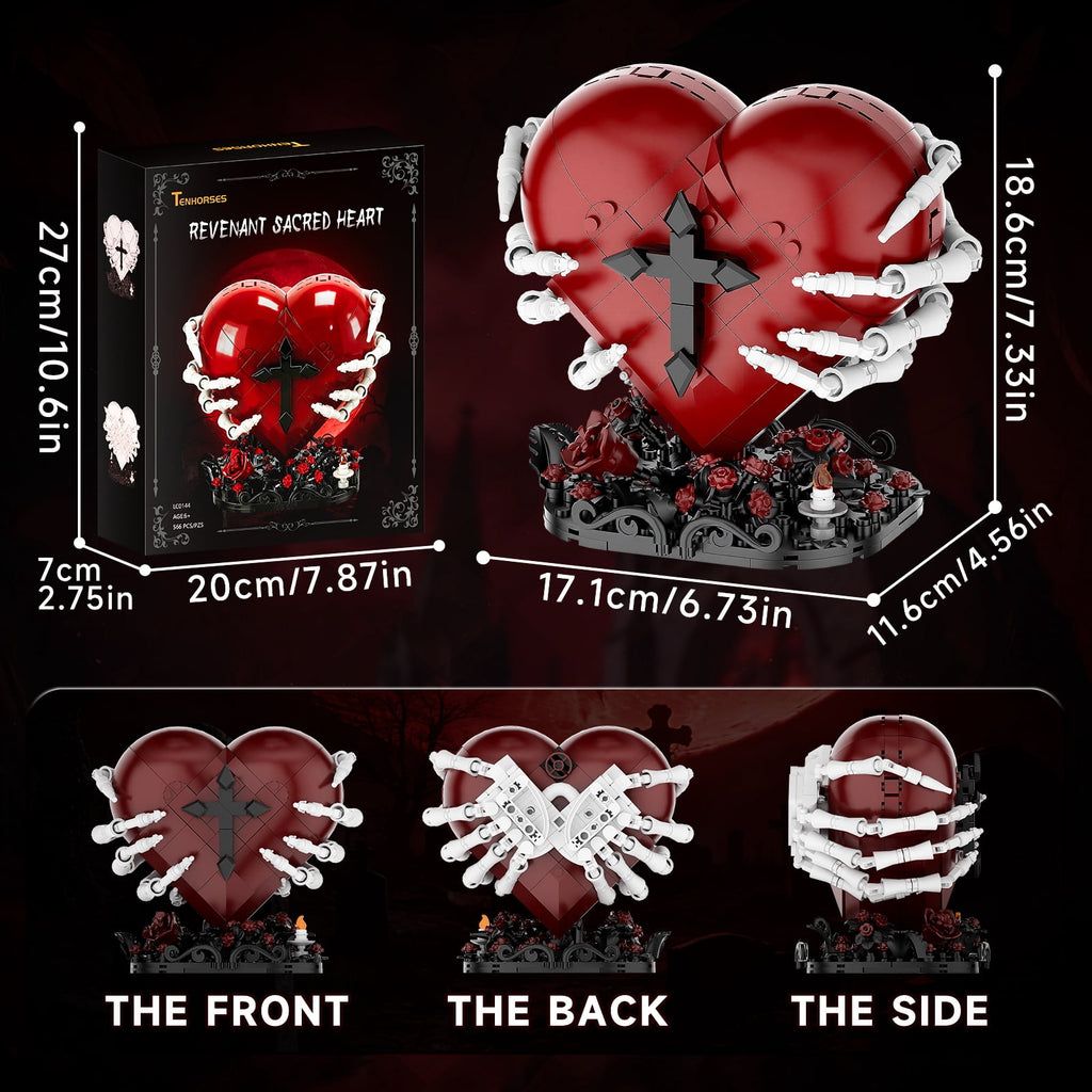 Sacred Heart Building Blocks Set - Gothic Red Heart Model, Dark Art Romantic Gift for Adults, Spooky Home Decor with Rose Base, 566Pcs