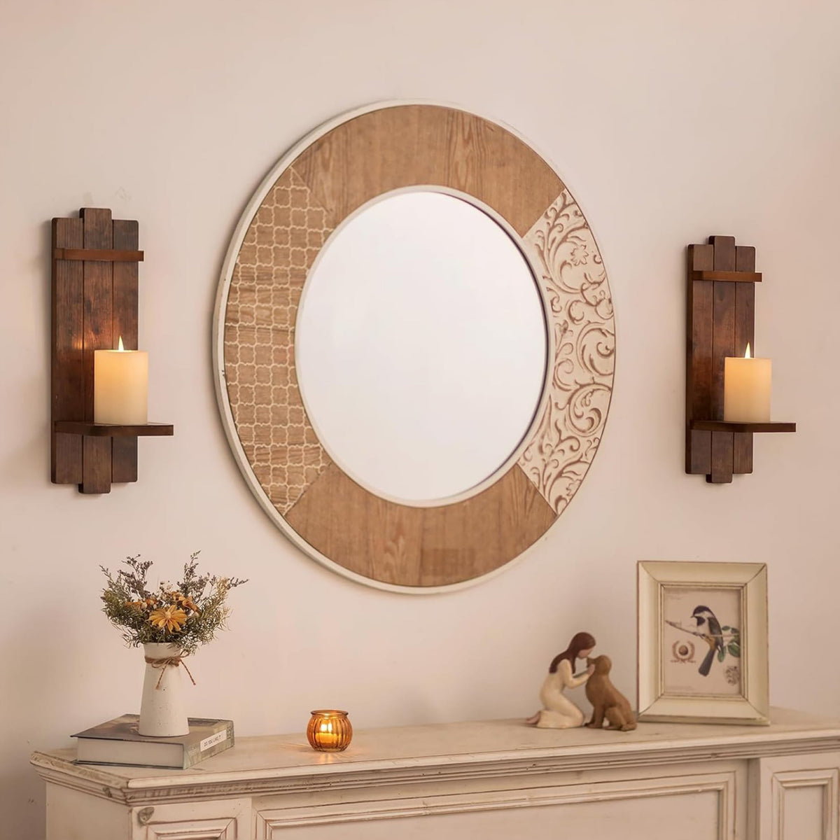 Sziqiqi Set of 2 Brown Wooden Wall Candle Sconces - Gothic Distressed Candle Holders Shelf for Pillar Candles & Tealights, French Country Wall Decor (15.75x5.1in)