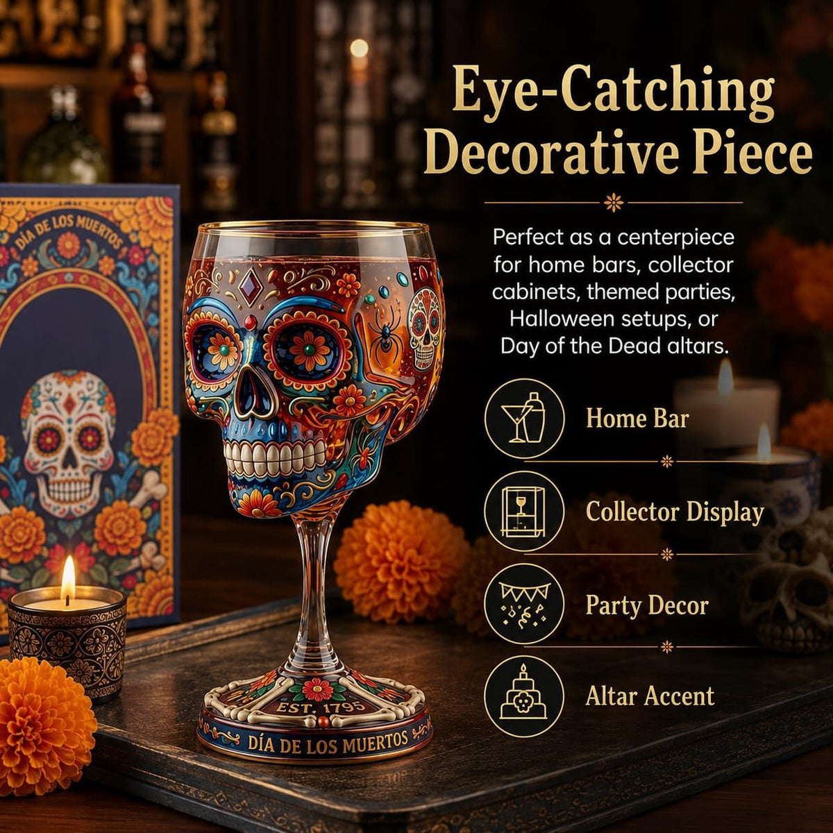 Rongyun Day of the Dead Collector Tequila Gothic Decor, Relief Sugar Skull Pattern, For Home Bar And Halloween Altar Display, Unique Gift For Enthusiasts (2 PCS)