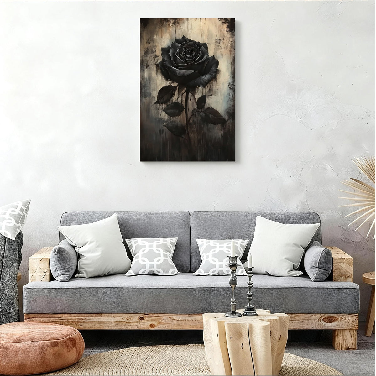 Black Rose Framed Canvas Wall Art - Moody Gothic Floral Oil Painting, Vintage Distressed Flower Print, Dark Aesthetic Decor For Living Room, Bedroom, Home Office 12*18inch(30*45cm)