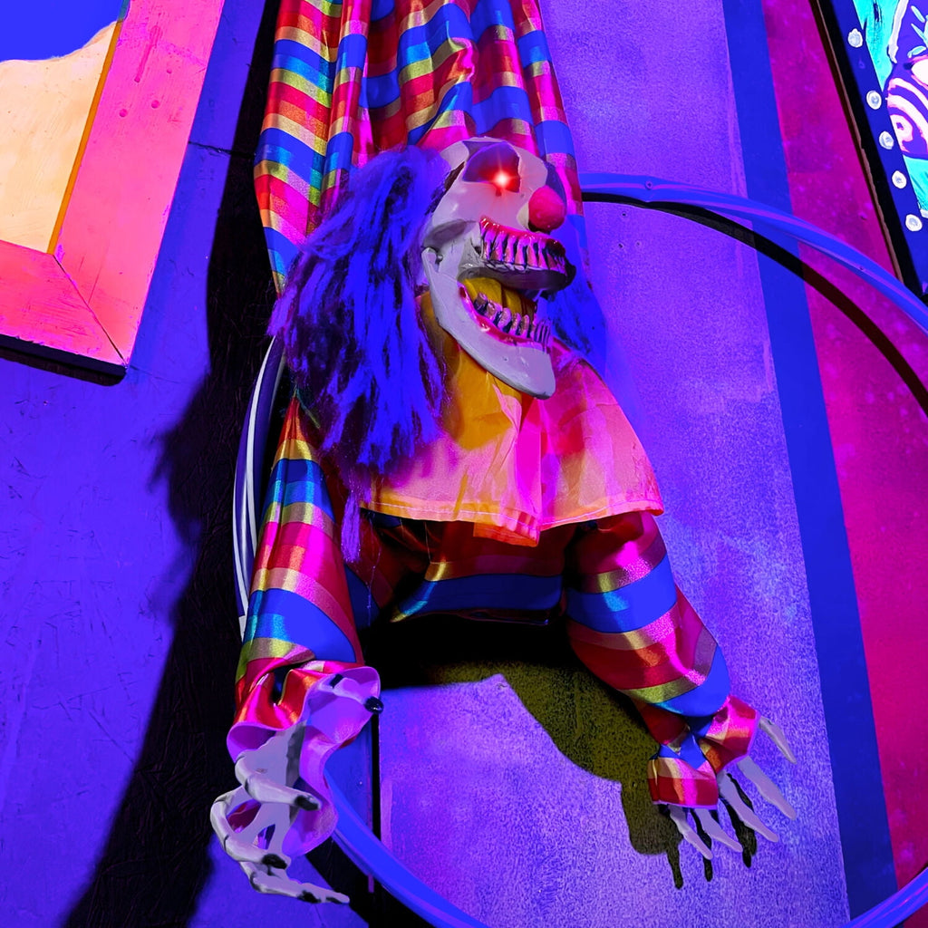 Haunted Hill Farm 47 in Animatronic Hanging Upside Down Clown with Lights and Sound, Halloween Decoration, HHCLOWN-39HLSA