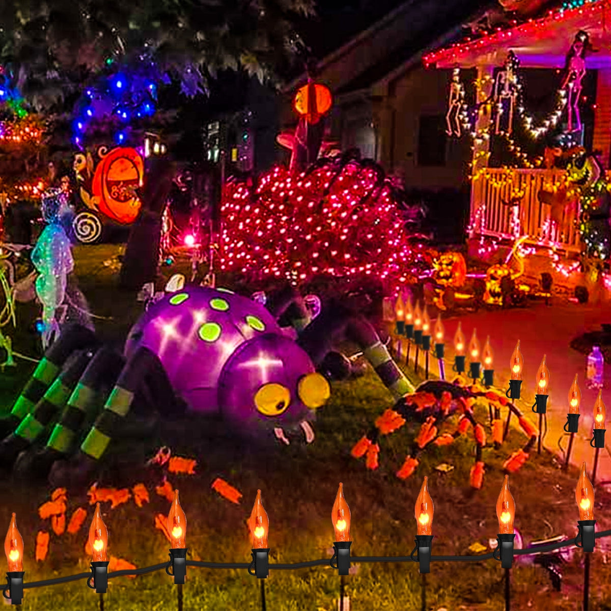 Halloween Decorations - Indoor and Outdoor Flickering Flame String Lights, 27.8ft C7 Vintage Flickering Flame String Lights, Orange String Lights with 25 Orange Clear Flame Bulbs (E12 Bulbs, Black Wi